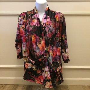 ECI Floral V Neck Surplice Faux Wrap 3/4 Sleeve